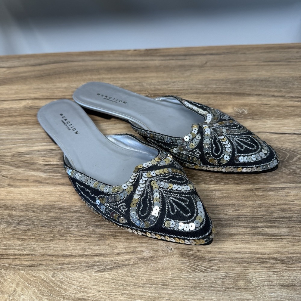 Kenneth Cole REACTION "Taj" Mules 7.5 Black‎ Silver Sequins Pointed Toe